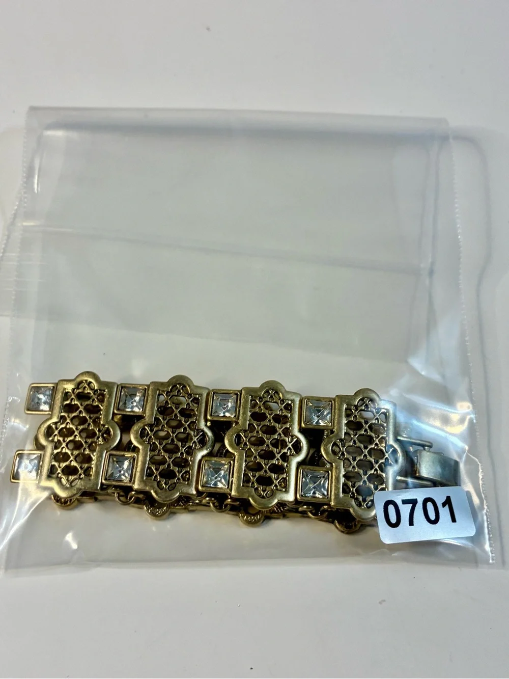 Gold-Tone Filigree Link Bracelet with Clear Stones Classic Timeless Lightweight